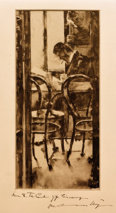 Café Gelber in Hamburg (Man Reading Newspaper in Café) by Lesser Ury